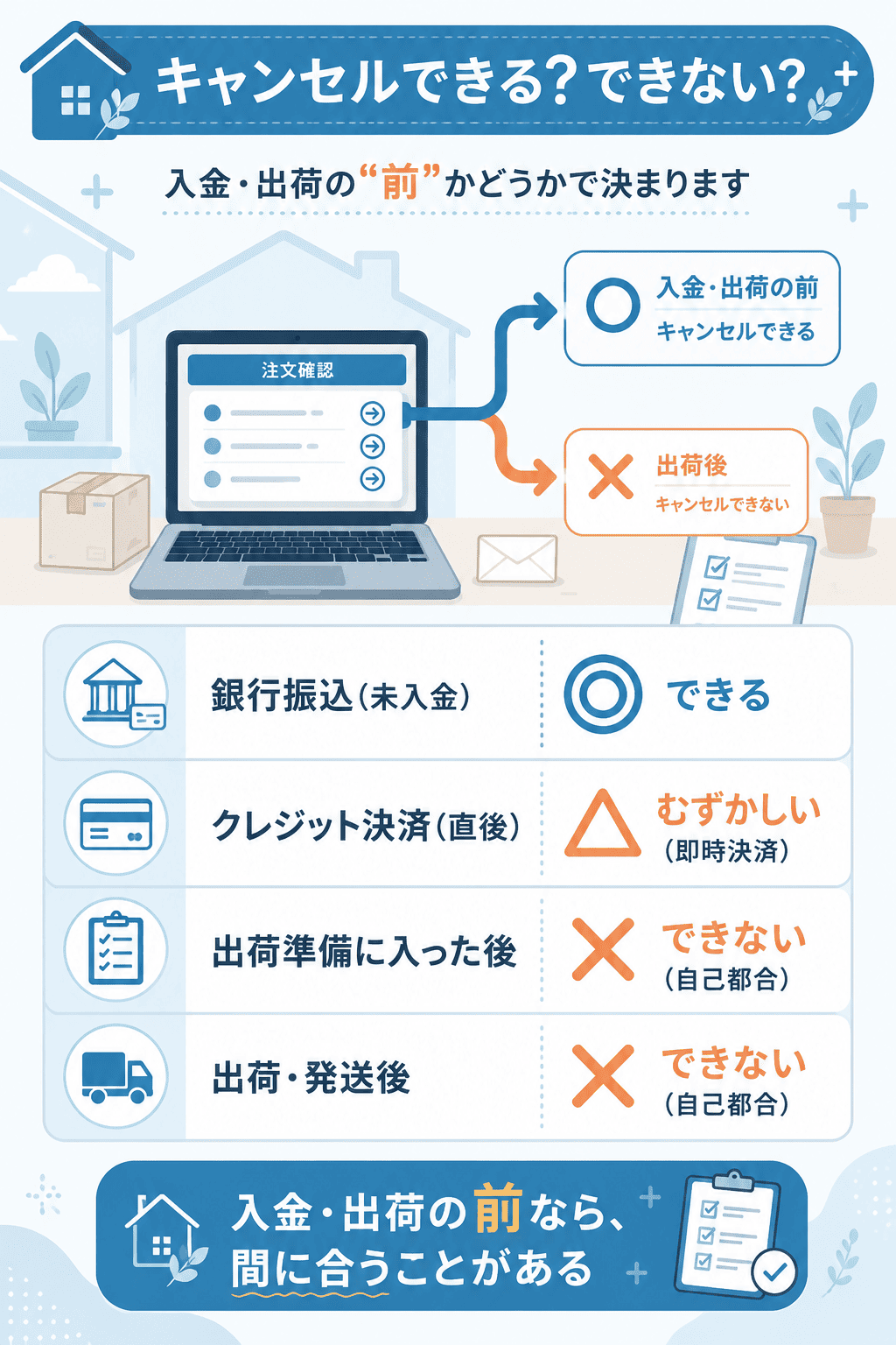 支払い方法と注文の進み具合ごとのキャンセル可否を整理した図解