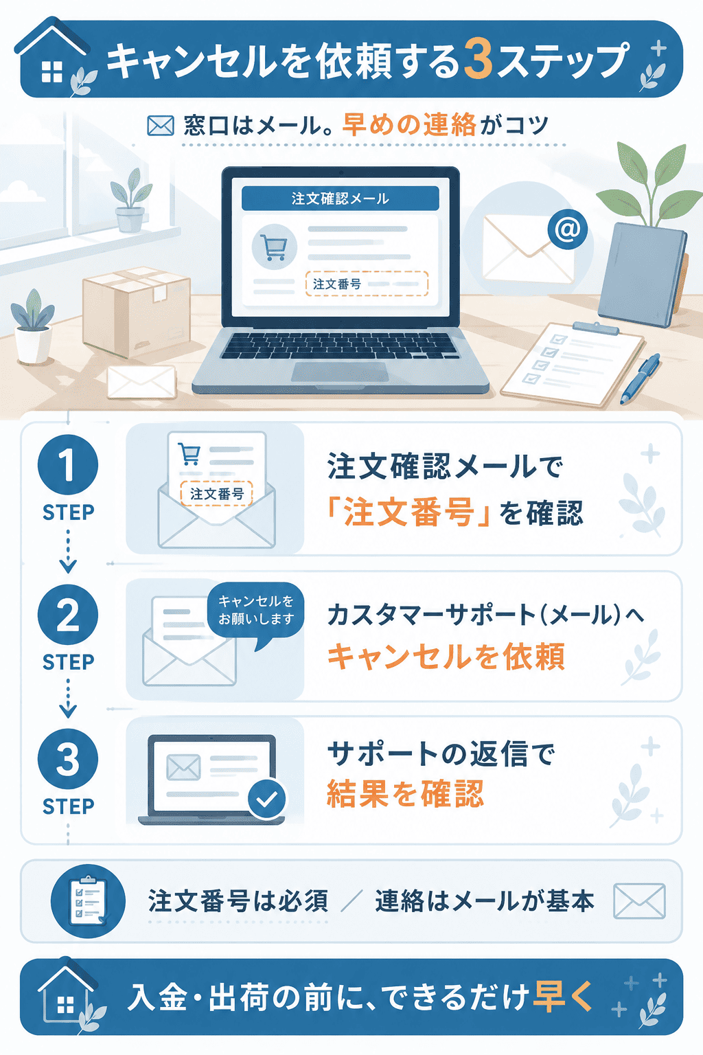 キャンセルをメールで依頼する3ステップの手順フロー図