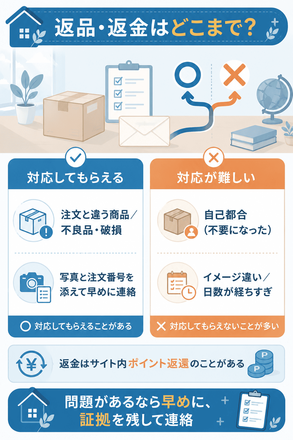 返品・返金に対応してもらえる場合と難しい場合を対比した図