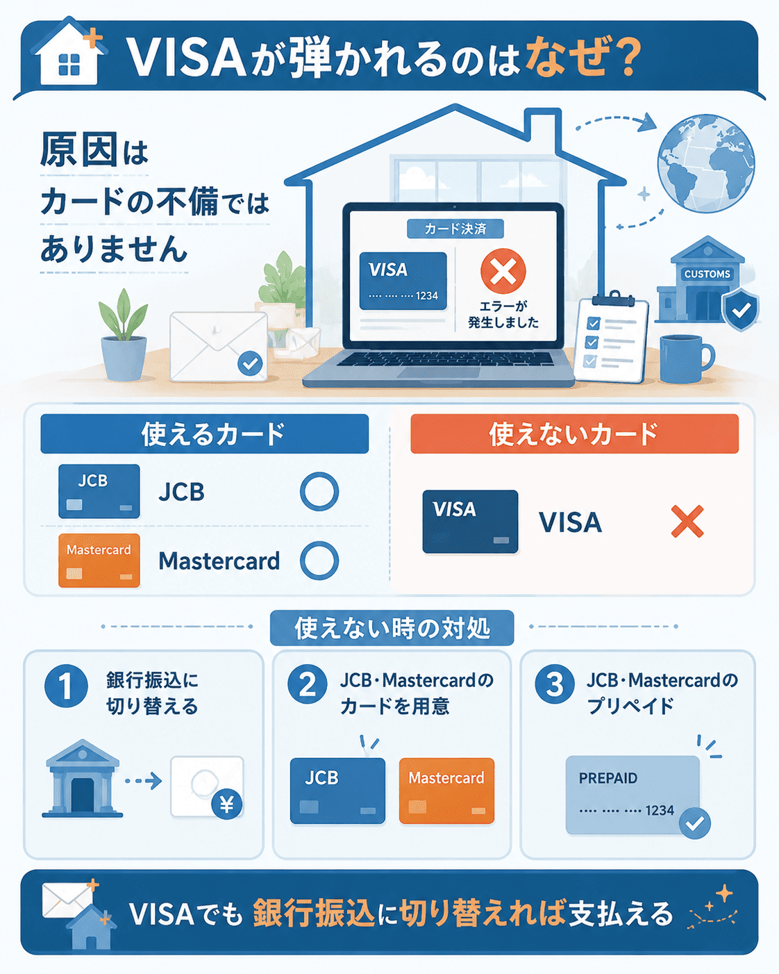 使えるカードとVISA不可時の対処を示した図解