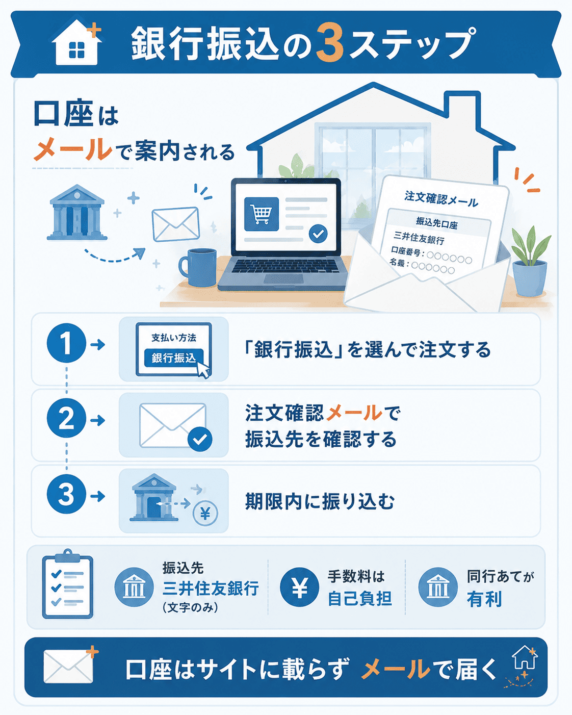銀行振込の手順と振込先の確認方法を示したフロー図