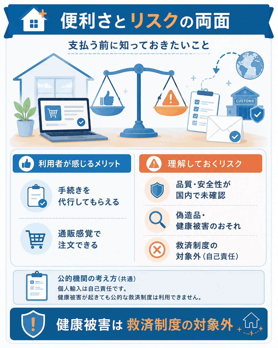 個人輸入のメリットとリスク・救済制度対象外を整理した図