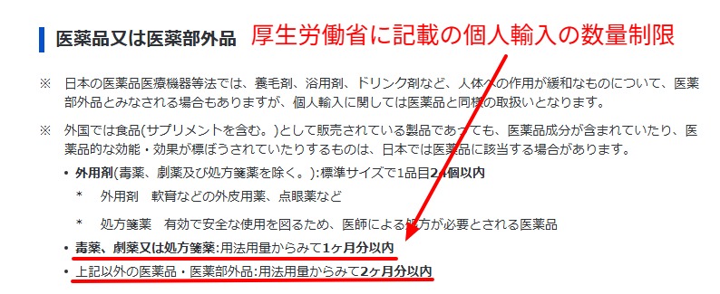 厚労省の個人輸入の数量制限と譲渡禁止の記載