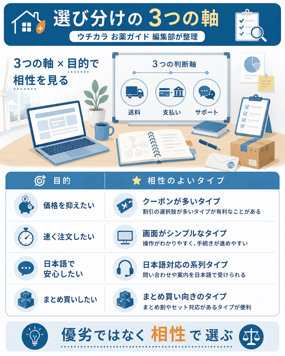 送料・支払い・サポートの3軸で選び分ける編集部フレーム図解