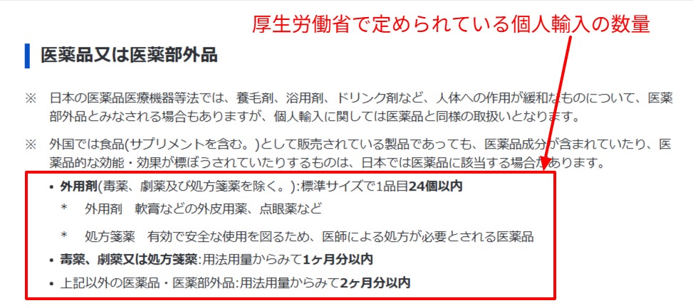 厚生労働省が示す医薬品等の個人輸入で認められる数量の範囲の記載