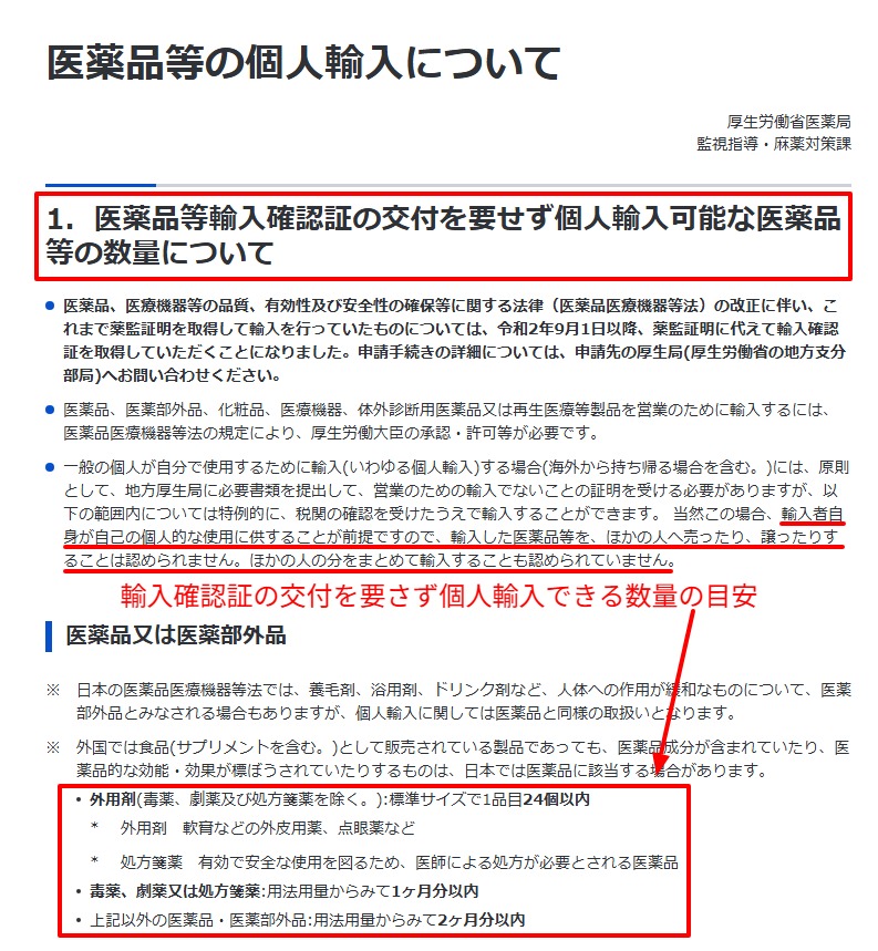 厚生労働省が示す個人輸入の数量目安の記載