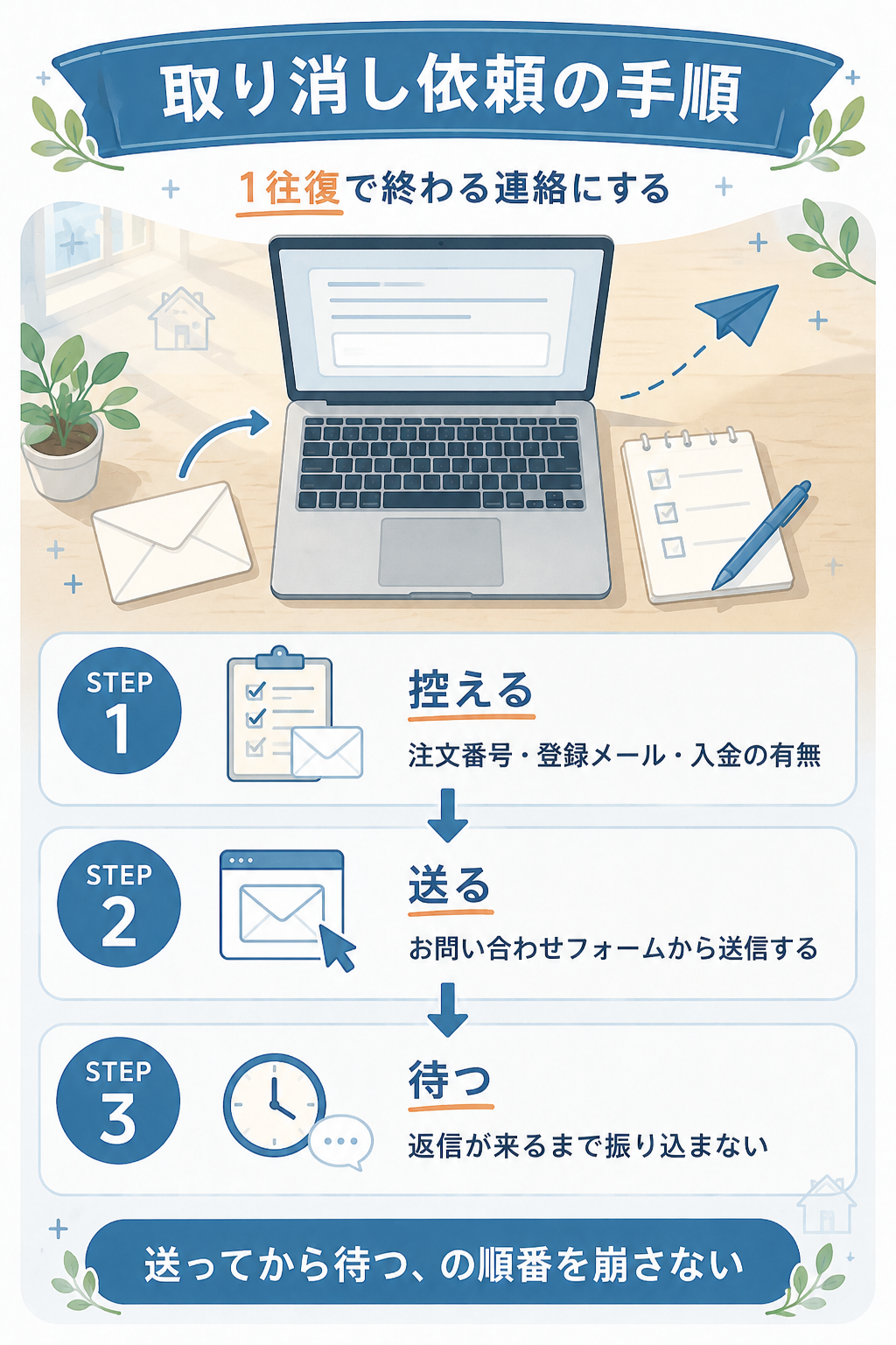 注文取り消しを依頼する3ステップの手順図